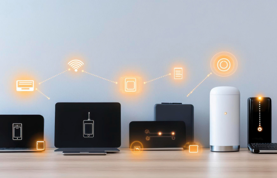 Smart devices array on modern desk setup