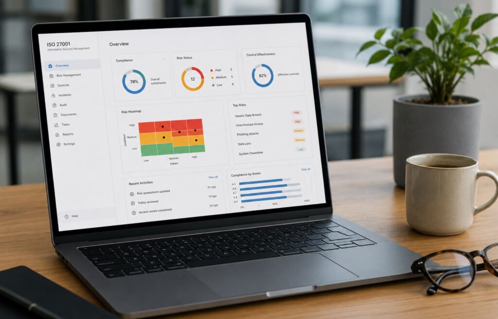 Notebook s dashboardem ISO 27001 pro sledování rizik, opatření a stavu compliance.